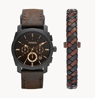 FOSSIL Machine Chronograph Dark Brown Leather Watch and Bracelet FS5251SET