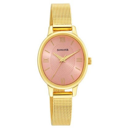 Sonata Classic 8179ym02 Gold Pink Dial Metal Strap Watch for Women