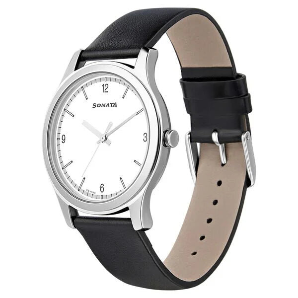 Sonata Quartz Analog White Dial Leather Strap Watch for Men - 7135SL04 - Image 2