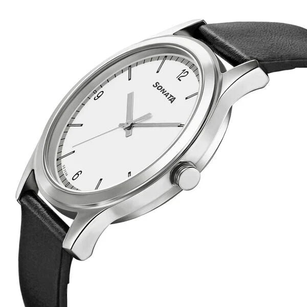 Sonata Quartz Analog White Dial Leather Strap Watch for Men - 7135SL04 - Image 4