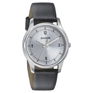 Sonata 77082SL01 Leather Strap Watch for Men