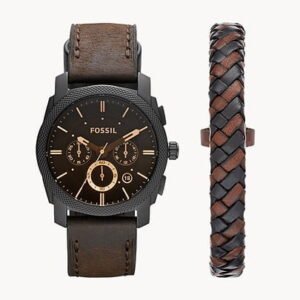 FOSSIL Machine Chronograph Dark Brown Leather Watch and Bracelet FS5251SET